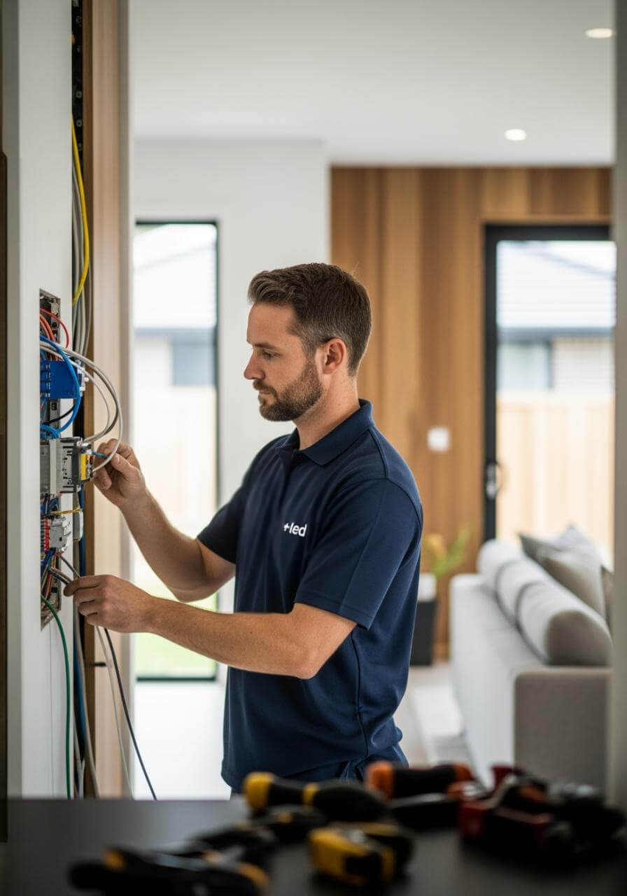 electricista trabajando en un cuadro eléctrico en una residencia en Vigo