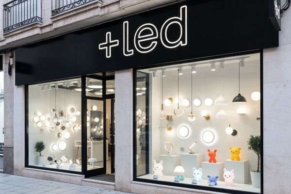 tienda-mas-led-travesia-vigo Vista de la tienda Más Led en Travesía de Vigo desde fuera. En el escaparate se ven diferentes lámparas y bombillas led.